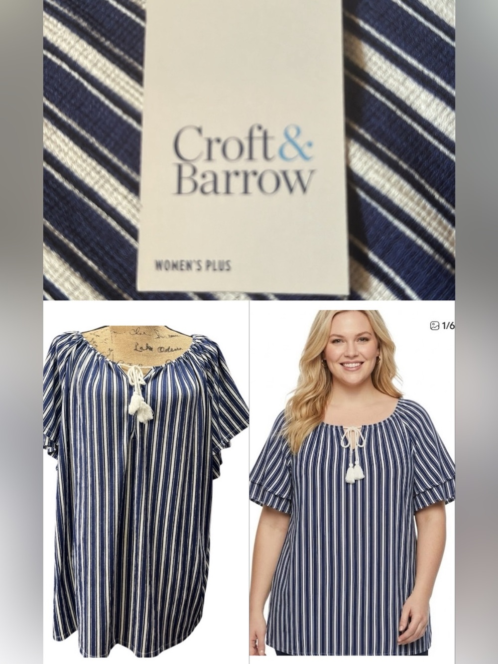 Croft & Barrow Navy and White Tie Front Blouse. NEW Tags! Women's Plus Size 2X